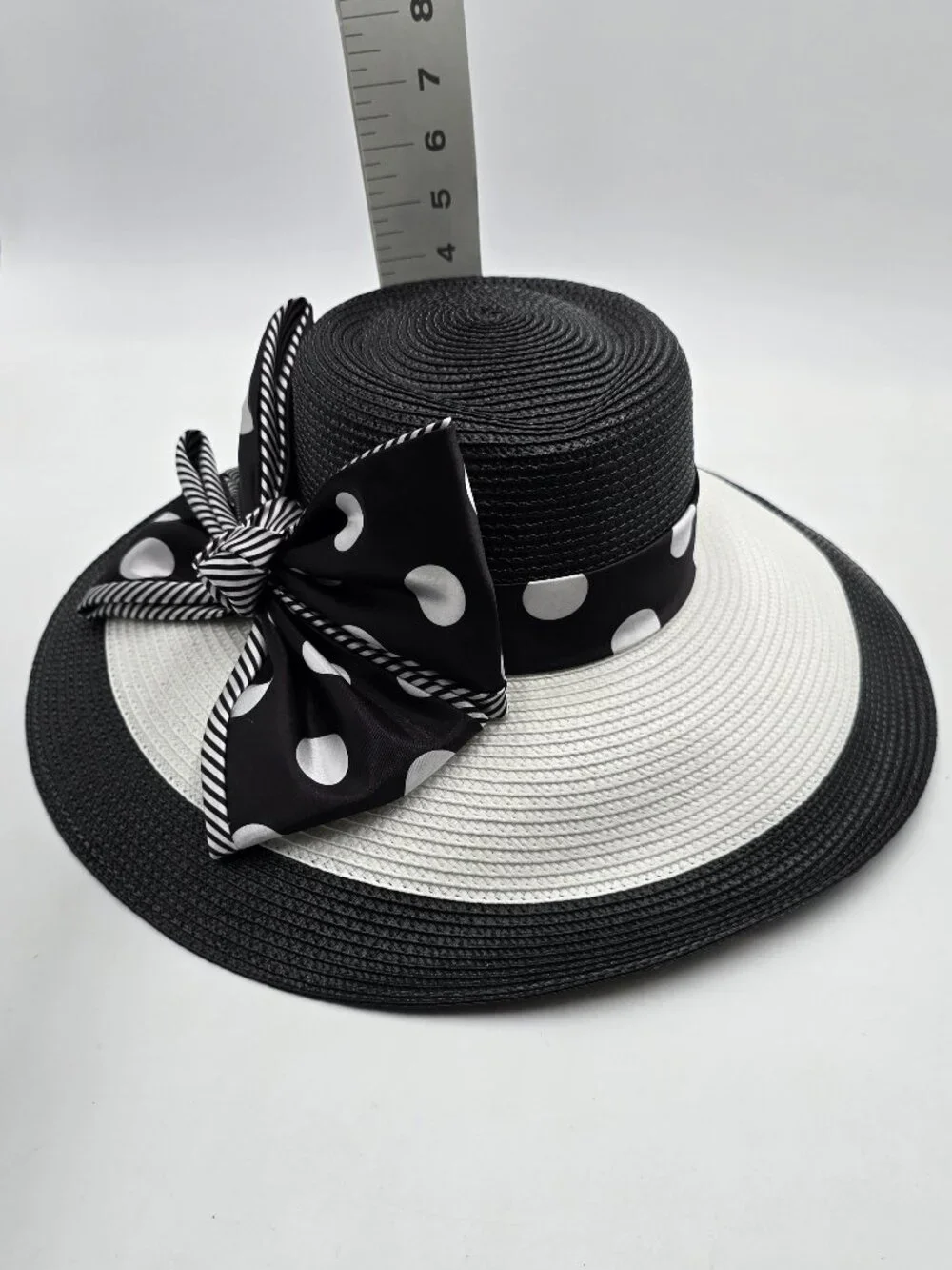 August Hat Company B&W Wide Brim Hat with Polka-Dot & Striped Accent Bow